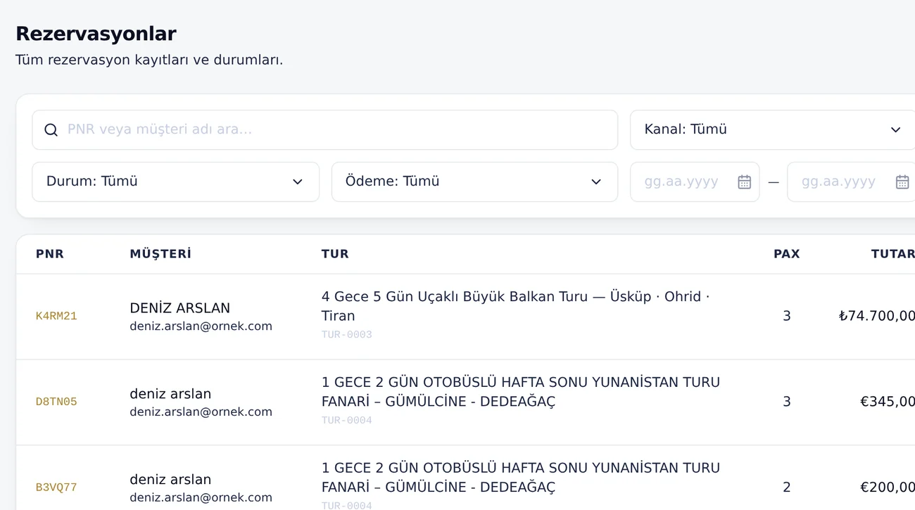 Rezervasyon listesi ekranı