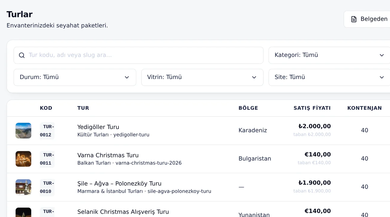Tur kataloğu ekranı